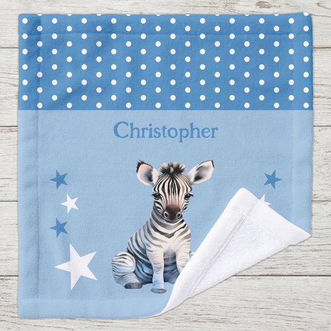 Toalha De Rosto Zebra fofa adicionar nome bolinhas estrelas azul (Criador carregado)