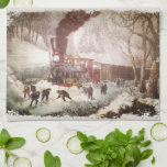 Toalha de Trem de Engorda de Neve<br><div class="desc">Kitchen Towel com uma reimpressão de um e litógrafo chamado "American Railroad Scene - Snow Bound",  mostrando passageiros e tripulação tentando cavar um trem que se liga a neve nos anos 1800.</div>