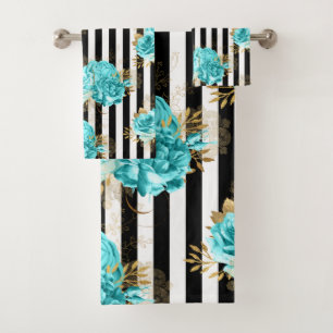 Toalha Definida Aqua Blue Floral Vert. Listras