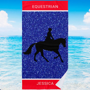 Toalha equestre, vermelha, branca e azul de praia