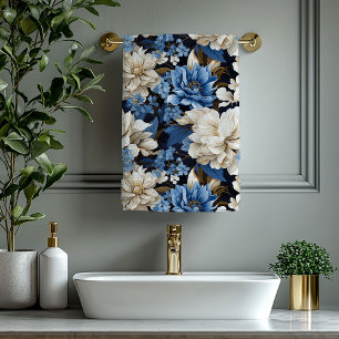 Toalha Floral Clássica Azul Marinho Marfim Dourado