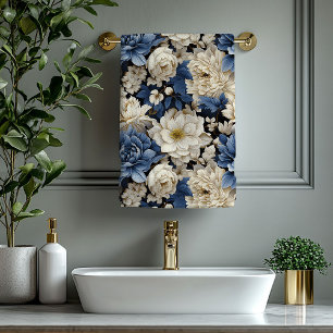 Toalha Floral Luxuosa Azul Naval Marfim e Dourado