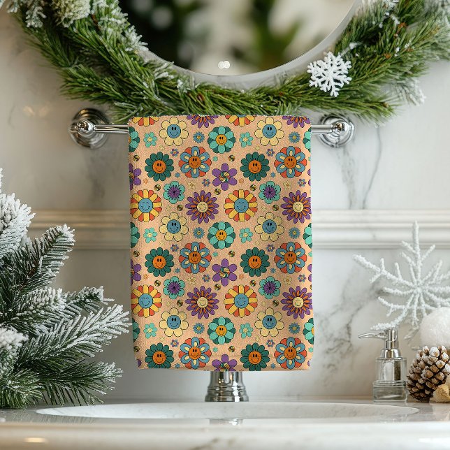 Toalha Floral Retro 60s Boho Estilo Banheiro Acent (Retro Floral Towel 60s Boho Bath Style Accent)