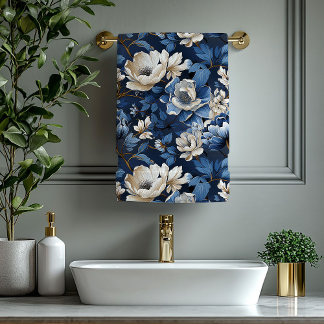 Toalha Luxuosa Azul Marinho com Flores de Marfim e
