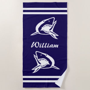 Toalha marinho azul e branca de praia com logotipo