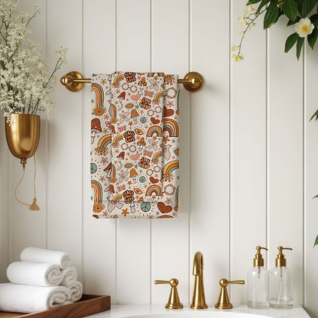 Toalha Pastel Groovy com Acento de Flor Terracota  (Groovy Pastel Towel 60s Terracotta Bloom Accent)