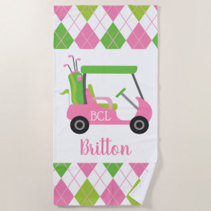 Toalha personalizada de praia rosa e golfe verde