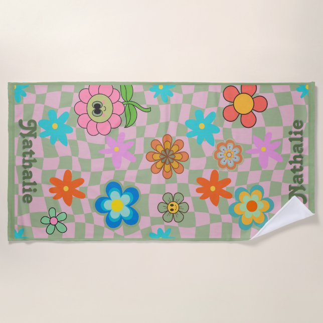 Toalha Retro Beach Personalizada | Presente de Nom (Frente)