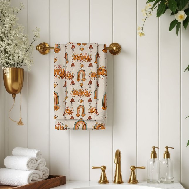 Toalha Retro Marrom e Blush com Design Groovy (Funky Retro Towel Brown & Blush Groovy Design)