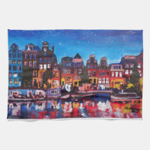 Skyline de Amsterdão com o canal na noite