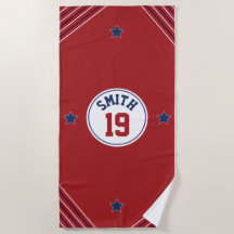 Toalha vermelha e azul de praia inspirada no espor