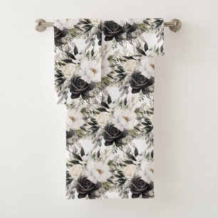 Toalhas Conjunto de Rosas Florais Elegante Preto e Branco