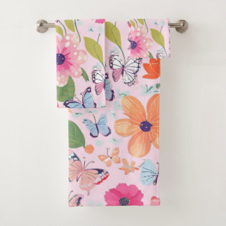 Toalhas de Banho Borboletas e Flores, Rosa