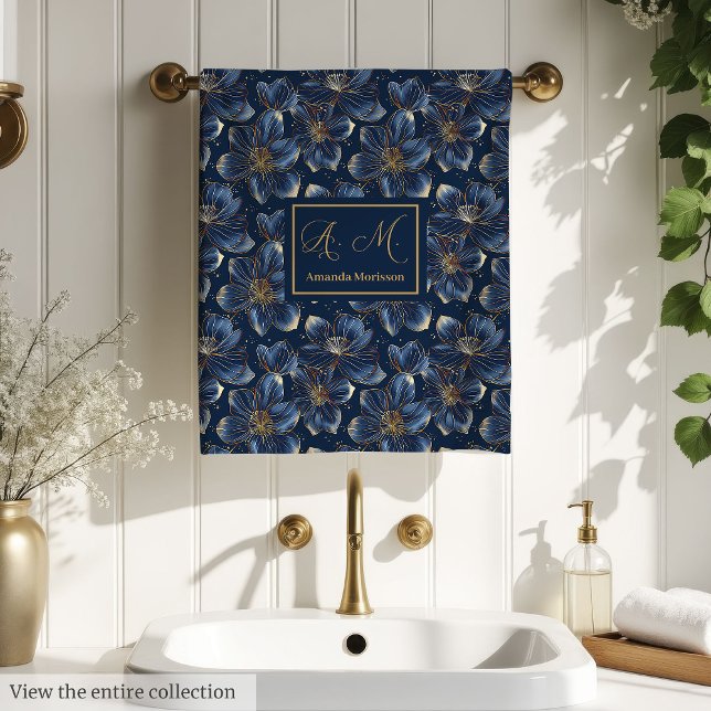 Toalhas de Banho Florais Navy Gold Chic Conjunto P (Navy Gold Floral Bath Towels Chic Personalized Set)