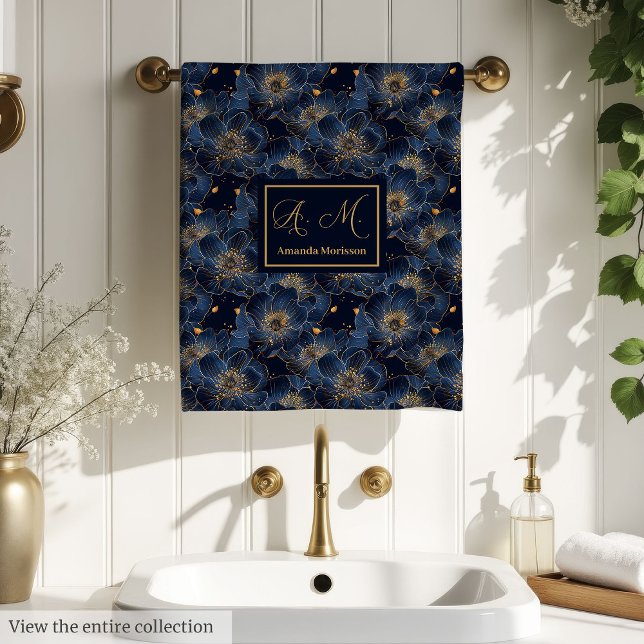 Toalhas de Monograma Dourado Marinho Presente de C (Navy Gold Monogram Towels Chic Wedding Gift)