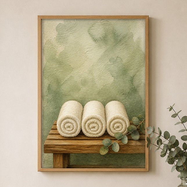 Toalhas em um Banco de Teca Poster Aquarela (Shown framed for scale. Poster ships unframed; frames are an optional add-on.)
