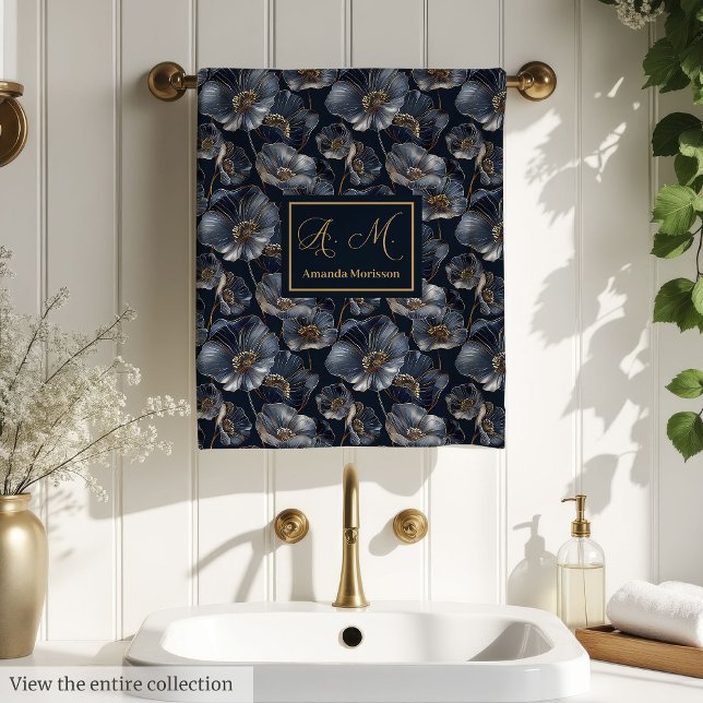 Toalhas Florais Navy Dourado Acento de Monograma E (Navy Gold Floral Towels Elegant Monogram Accent)