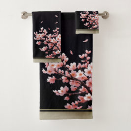 Toalhas Flores cor-de-rosa - Preto/Dourado - Conjunto de t
