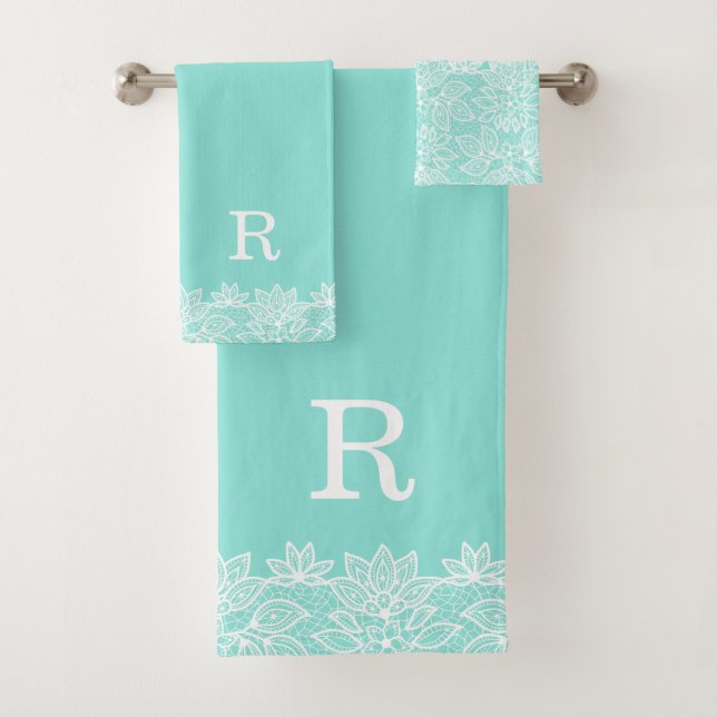 Toalhas Robin Egg Blue e Lace Monogramado Conjunto de Band (Insitu)