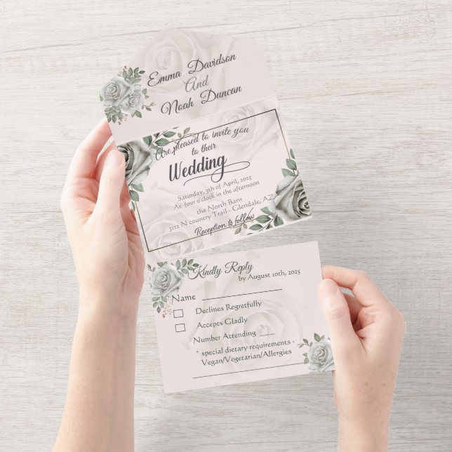 Todos em Um Convite para Casamento e RSVP White Ro (Aba destacável)