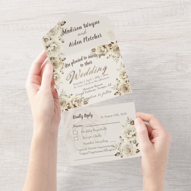 Todos em Um Convite para Casamento e RSVP White Ro (Aba destacável)