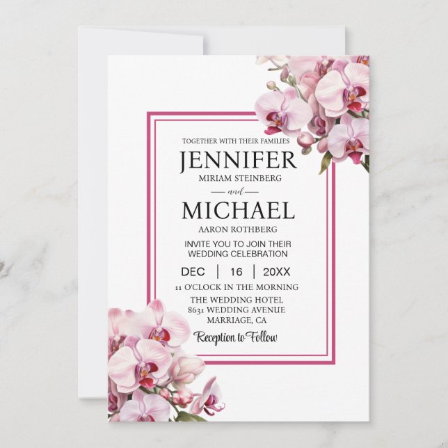Todos em Um Orquídeo Rosa Convites para Casamento (Frente)