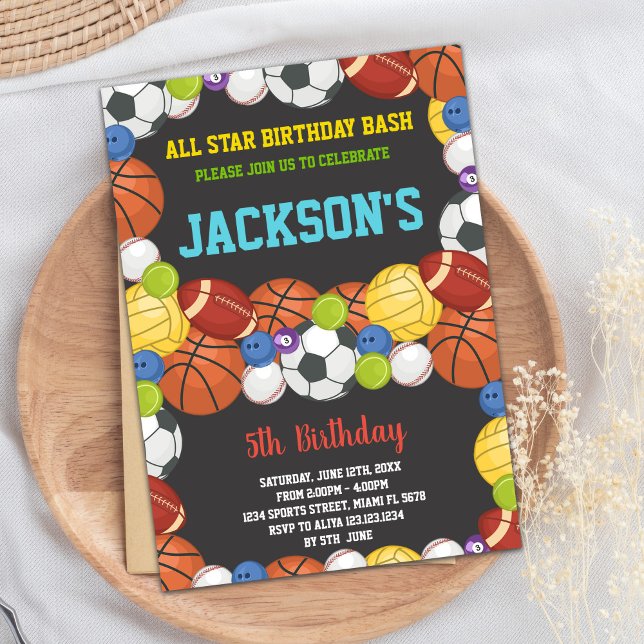 Todos os Balls do Partido Esportivo Negro Convites (All Balls Black Sports Party Birthday Invitations)