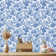 Toile Botânico Francês Vintage em Azul com Motivos