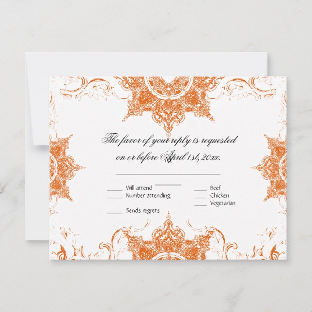 Toile Damask Swirl Weding RSVP Card Tangerine (Frente)