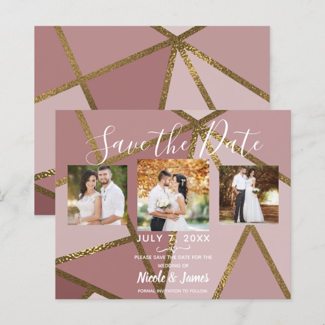 Tons de Rosa Malva & Bronze Dourado Glam Geométric (Frente/Verso)