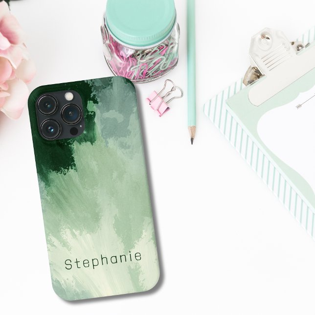 Tons de Verde Monograma Abstrato Aquarela (Monogrammed Green Watercolor Abstract iPhone Case)