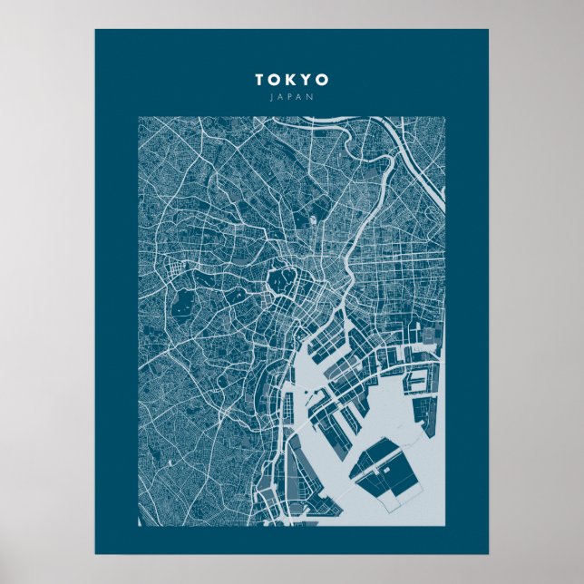 Tóquio - Poster do Mapa da Cidade Azul Escura no J (Frente)