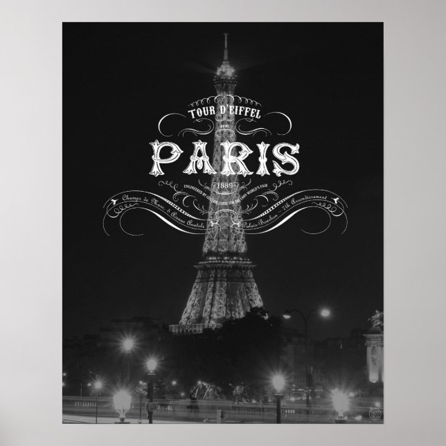 Torre Eiffel de Poster de viagens Branco e Preto d (Frente)