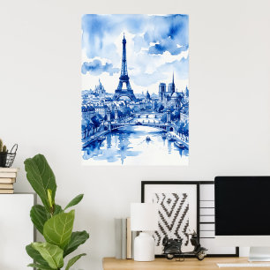 Torre Eiffel Paris Poster Aquarela Azul França
