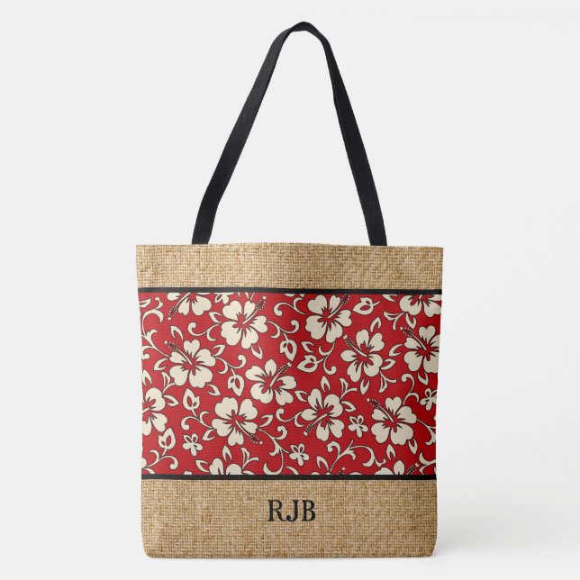 Tote A bolsa de praia havaiana do monograma do hibiscus (Frente)
