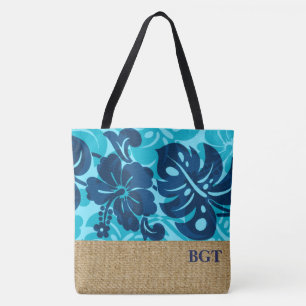 Tote A bolsa de praia havaiana do monograma do hibiscus