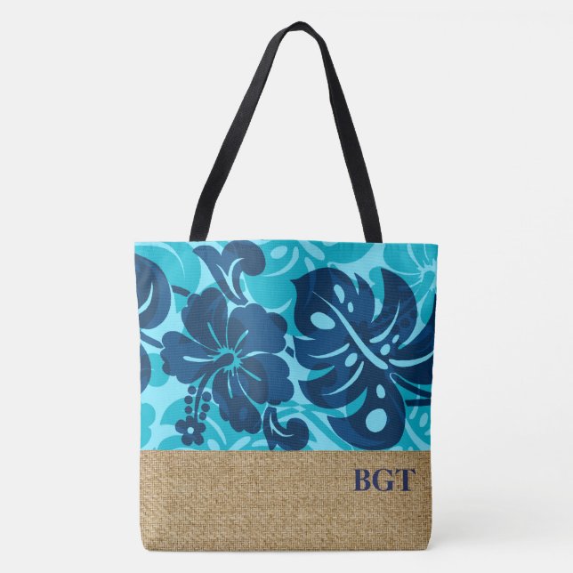 Tote A bolsa de praia havaiana do monograma do hibiscus (Frente)