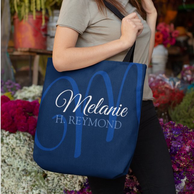 Tote Bag Azul Elegante com seu nome e inicial (stylish blue monogram)