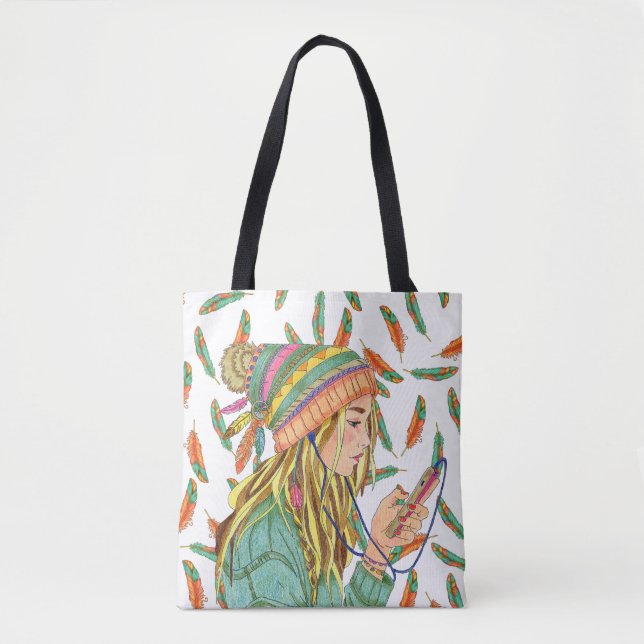 Tote Bag Boho Hat Girl Feather (Frente)
