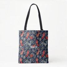 Tote Bag com um Design de arte popular em azul esc
