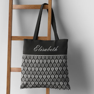 Tote Bag do Nome do Padrão Branco e Preto Moderno