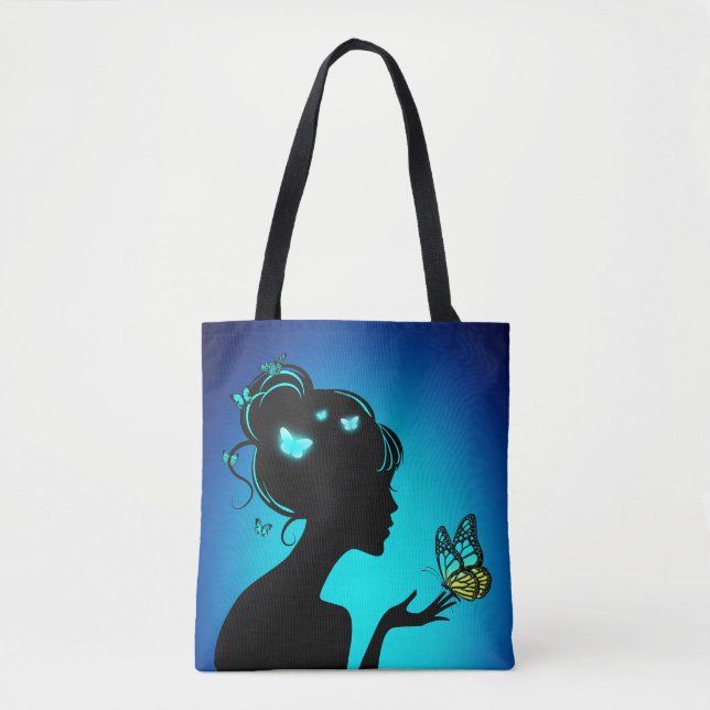 Tote Bag La femme papillons bleues (Frente)