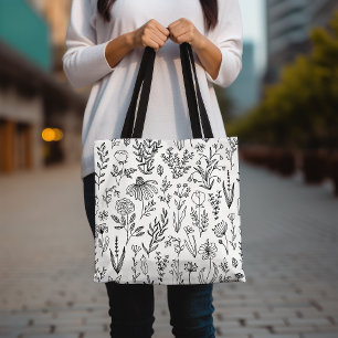 Tote Bag (Tote Bag) Padrão Floral, Black and White