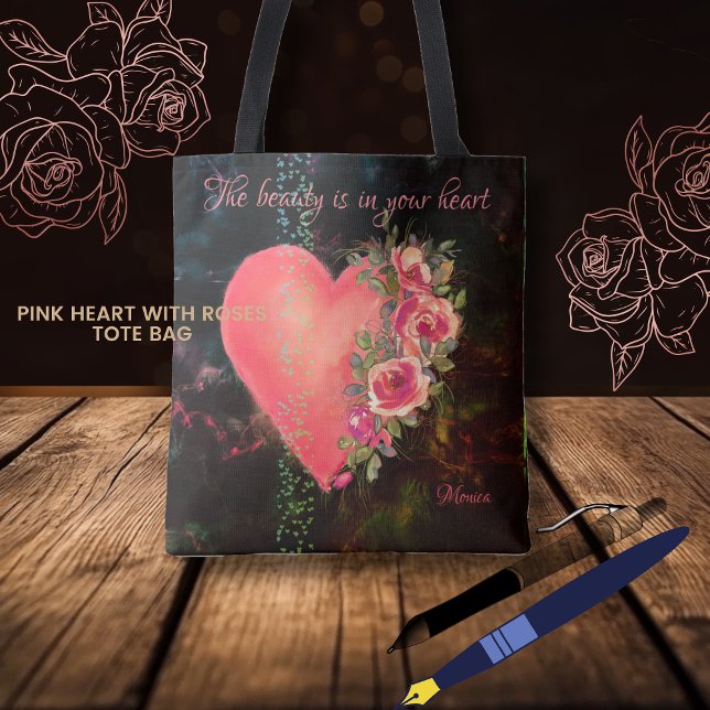 Tote Bela Bolsa Preta com Coração Rosa (Beautiful Pink Heart black Tote Bag)
