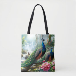 Tote Belo Pavão Azul-Teal com Bolsa de Flores
