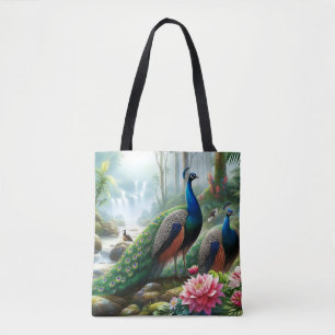 Tote Belo Pavão Azul-Teal com Bolsa de Flores