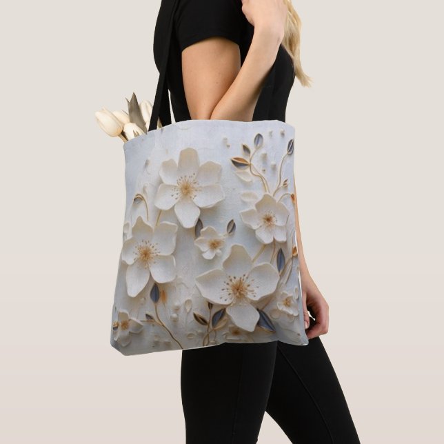 Tote Blooms dourados: Bolsa branco com desejo floral el (Close Up)