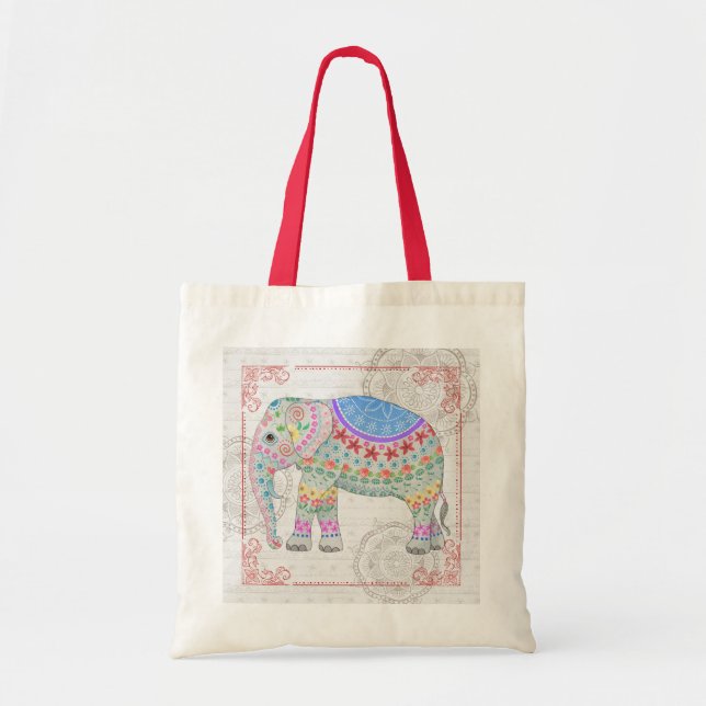 Tote Boho Henna parece Bolsa de Elefante Decorado (Frente)