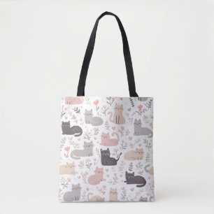 Tote Bolsa Adorável de Gato em Pastel e Padrão Floral