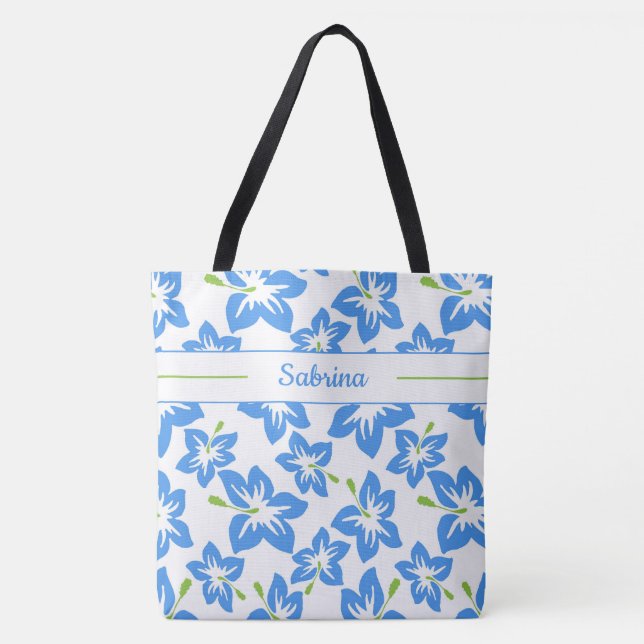Tote Bolsa Azul de Hibisco Monogramada (Frente)